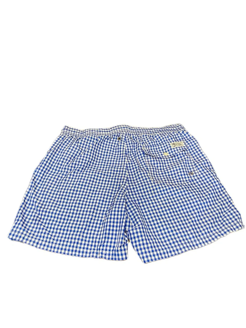 Polo Ralph Lauren Men's Blue and White Gingham Swim Trunks with Yellow Logo